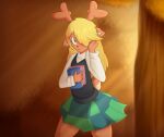  absurd_res anthro antlers bingbingo_(artist) blonde_hair blue_book book bottomwear brown_body brown_fur clothing deer deltarune doe_with_antlers female forest freckles fur green_bottomwear green_clothing green_eyes green_skirt hair hair_over_eye hi_res holding_book holding_object horn long_hair mammal noelle_holiday one_eye_obstructed pattern_bottomwear pattern_clothing pattern_skirt pink_book plant red_nose signature skirt smile solo sweater topwear tree undertale_(series) white_clothing white_sweater white_topwear 