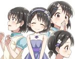  1girl ^_^ black_hair blue_bow blue_shirt blush bow braid braided_bangs closed_eyes closed_mouth collared_shirt commentary_request covered_collarbone dress_shirt flo_(guilty_hearts) flower hair_bow hair_flower hair_ornament hairclip idolmaster idolmaster_cinderella_girls idolmaster_cinderella_girls_u149 low_ponytail multiple_views parted_bangs ponytail puffy_short_sleeves puffy_sleeves purple_flower rabbit_hair_ornament sasaki_chie shirt short_sleeves simple_background sweater_vest white_background white_flower 