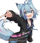  1girl animal_ear_fluff animal_ears black_hoodie blue_hair commission fox_ears fox_girl fox_tail green_eyes highres hood hood_down hoodie long_sleeves looking_at_viewer multicolored_hair purple_hair rakutarou_(rakutpi) short_hair skeb_commission streaked_hair tail two-tone_hair two-tone_tail v vrchat 