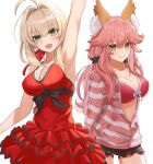  2girls ahoge animal_ear_fluff animal_ears arm_up arms_behind_back black_bow black_scrunchie blonde_hair bow bra breasts cleavage closed_mouth collarbone commentary_request dress fate/extella fate/extra fate/extra_ccc fate/grand_order fate_(series) fox_ears fox_girl frilled_dress frills green_eyes hair_intakes hair_ornament hair_ribbon hair_scrunchie highres hood hoodie large_breasts long_hair long_sleeves looking_at_viewer multiple_girls neko_daruma nero_claudius_(fate) nero_claudius_(modern_costume_of_crimson)_(fate) official_alternate_costume open_mouth pink_bra pink_hair red_dress red_ribbon ribbon scrunchie short_dress short_hair simple_background sleeveless sleeveless_dress smile striped striped_hoodie tamamo_(fate) tamamo_no_mae_(fate/extra) tamamo_no_mae_(spring_casual)_(fate) twintails underwear white_background yellow_eyes zipper 