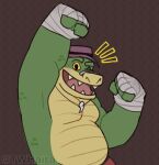  2023 5_fingers alligator alligatorid anthro bandage bandaged_arm belly brok_(character) brok_the_investigator clothing crocodilian fingers green_body haira hat headgear headwear hi_res male one_eye_closed reptile scalie slightly_chubby solo wink 