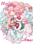  1girl :d animal_ears arknights bow candy candy_cane capelet cat_ears cat_girl cat_tail christmas cropped_legs dress english_text flower flower-shaped_pupils food fur-trimmed_capelet fur_trim goldenglow_(arknights) goldenglow_(night_loving_servant)_(arknights) green_dress hair_bow hair_rings hands_up headband heart highres holding holding_flower infection_monitor_(arknights) looking_at_viewer official_alternate_costume ornament pink_hair pixelated red_capelet rose saucer_(saucer752) see-through short_hair sidelocks simple_background smile solo sweater sweater_dress swept_bangs symbol-shaped_pupils tail tail_bow tail_ornament typo white_background white_flower white_rose wreath yellow_eyes 
