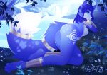  anthro big_butt blue_body blue_eyes blue_fur blue_hair breasts butt canid canine female flower fox fur grass hair hi_res krystal lake looking_back lying mammal markings multicolored_body nintendo on_front plant solo star_fox tail thick_thighs tree tribal tribal_markings white_body white_fur yoonafox 