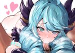  1boy 1girl ass black_bow black_sleeves blush bow cola_bcde detached_sleeves drill_hair fellatio green_eyes green_hair gwen_(league_of_legends) hair_bow heart highres league_of_legends long_hair looking_at_viewer male_pubic_hair oral pubic_hair stray_pubic_hair swept_bangs twin_drills twintails white_background 