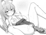  1girl 1other animal_ear_fluff animal_ears bar_censor blue_archive blush breasts censored clothes_pull flower greyscale hair_flower hair_ornament haniwa_(statue) heart highres long_hair mari_(blue_archive) mari_(swimsuit)_(blue_archive) monochrome nipples official_alternate_costume one-piece_swimsuit_pull parted_lips polka_dot polka_dot_swimsuit pussy simple_background small_breasts solo_focus swimsuit takeroku white_background 