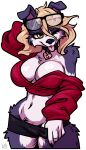  alpha_channel anthro atryl blep blonde_hair blue_body blue_fur border_collie bottomwear breasts canid canine canis cheek_tuft clothed clothing collar collie diane_(drako1997) domestic_dog eyelashes eyewear eyewear_on_head facial_tuft female floppy_ears fur glasses glasses_on_head hair herding_dog hotpants mammal midriff navel one_eye_closed pastoral_dog sheepdog shorts simple_background solo tongue tongue_out topwear transparent_background tuft yellow_eyes 