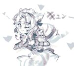  1girl ;) apron cafe_cuties_gwen cowboy_shot gwen_(league_of_legends) heart heart_hands league_of_legends long_hair looking_at_viewer maid_headdress multicolored_hair one_eye_closed parted_bangs phantom_ix_row smile solo twintails two-tone_hair unfinished white_background 