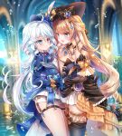  2girls :d ahoge black_gloves black_headwear black_thighhighs blonde_hair blue_eyes blue_hair blue_headwear blue_jacket blurry blurry_background bow breasts brown_headwear cccpo commentary_request depth_of_field dress eye_contact frills furina_(genshin_impact) genshin_impact gloves half_gloves highres jacket long_hair looking_at_another medium_breasts multicolored_hair multiple_girls navia_(genshin_impact) pleated_skirt sakurano_ru shirt short_shorts shorts skirt smile streaked_hair thighhighs tilted_headwear very_long_hair water_drop white_dress white_hair white_shirt white_shorts white_skirt yellow_bow 