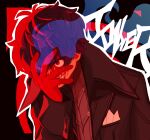  1boy abstract_background amamiya_ren black_hair black_jacket blood blood_on_face character_name covering_face crazy_smile gloves hair_between_eyes highres jacket long_sleeves looking_ahead male_focus persona persona_5 red_eyes red_gloves short_hair smile yuusuke_(yyy_xp) 