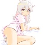  1girl ahoge ass brown_eyes cowboy_shot expressionless hair_between_eyes highres holding_own_arm long_hair looking_at_viewer lying mizumori_keiichi on_bed on_side onii-chan_wa_oshimai! oyama_mahiro pajamas panties pantyshot pink_hair pink_pajamas short_sleeves simple_background solo thighs underwear white_background white_panties 