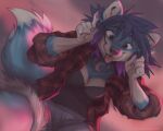  2023 anthro blue_body blue_fur blue_hair breasts canid canine clothed clothing digital_media_(artwork) female fox fur hair koul mammal open_mouth smile teeth tongue 