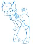  2018 3_toes 4_fingers anthro bent_over biped blue_and_white bobcat bottomless breasts bubby_(kabula) bubsy bubsy_(series) cheek_tuft clothed clothing crossgender digital_drawing_(artwork) digital_media_(artwork) eyebrow_through_hair eyebrows eyelashes eyelashes_through_hair facial_tuft feet felid feline female fingers hair handpaw hi_res kabula_(artist) leaning leaning_forward lynx mammal monochrome mtf_crossgender paws prick_ears shirt shirt_only sketch solo standing t-shirt tail toes topwear topwear_only translucent translucent_hair tuft 