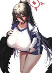  1girl absurdres black_choker black_hair black_wings blue_archive blue_jacket blue_shorts breasts choker collarbone feathered_wings feet_out_of_frame gym_shirt hair_between_eyes halo hasumi_(blue_archive) hasumi_(track)_(blue_archive) highres holding holding_notepad huge_breasts jacket looking_at_viewer mole mole_under_eye notepad official_alternate_costume ponytail red_eyes shirt shorts simple_background solo tagme white_background wings yamanokami_eaka 