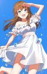  1girl :d absurdres arm_up bare_legs blue_background blue_eyes blush bow braid brown_hair collarbone dot_nose dress emu_(emum) frilled_dress frills highres idolmaster idolmaster_million_live! idolmaster_million_live!_theater_days kousaka_umi long_hair looking_at_viewer open_mouth short_sleeves simple_background skirt_hold smile solo standing standing_on_one_leg waist_bow water_drop white_dress 