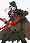  1girl artist_name ascot black_headwear blood blood_on_clothes bloodborne brown_cape brown_gloves cape closed_mouth coat gem gloves grey_ascot hat hat_feather highres holding holding_sword holding_weapon lady_maria_of_the_astral_clocktower long_hair looking_at_viewer ponytail rashuu simple_background solo sword torn_cape torn_clothes tricorne weapon white_background 