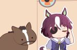  1girl animal_ears blush_stickers bow bowtie closed_eyes commentary creature_and_personification ear_ornament electric_fan eyepatch gomashio_(goma_feet) horse horse_ears horse_girl multicolored_hair one_eye_covered outline puffy_short_sleeves puffy_sleeves purple_bow purple_bowtie purple_hair real_life sailor_collar sailor_shirt school_uniform shirt short_hair short_sleeves streaked_hair summer_uniform tail tanino_gimlet_(umamusume) tracen_school_uniform two-tone_hair umamusume upper_body white_hair white_sailor_collar 