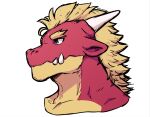  anthro blonde_hair delga dragon dynogreeno eyebrows green_eyes hair hi_res horn male red_body reptile scalie simple_background snout solo teeth 