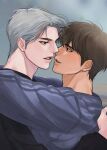  2boys black_eyes black_sweater blue_sweater blurry blurry_background brown_hair haebo highres hug ilay_riegrow jeong_taeui looking_at_another male_focus multiple_boys parted_lips passion_(manhwa) short_hair sweater tan white_hair yaoi 