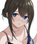  1girl alternate_hairstyle bare_shoulders black_hair blue_bra blue_eyes blush bra breasts cleavage collarbone floral_print frilled_bra frills grey-framed_eyewear hair_between_eyes hair_bun hand_up idolmaster idolmaster_cinderella_girls idolmaster_cinderella_girls_starlight_stage kozeni_isari large_breasts long_hair looking_at_viewer open_mouth portrait print_bra rose_print round_eyewear sagisawa_fumika shadow simple_background solo underwear white_background 