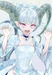  1girl aqua_hair braid breasts choker claw_pose collarbone crown_braid curled_horns dress fangs fate/grand_order fate_(series) hands_up highres horns jewelry kino_kokko larva_tiamat_(fate) long_hair long_horns long_sleeves looking_at_viewer open_mouth pendant pink_eyes pointy_ears ribbed_dress small_breasts symbol-shaped_pupils tail tiamat_(fate) white_dress 