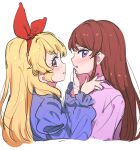  2girls aikatsu! aikatsu!_(series) alternate_costume blonde_hair blue_shirt blush bow brown_hair from_side hair_bow hairband hand_on_another&#039;s_chest hand_on_another&#039;s_chin hoshimiya_ichigo long_hair long_sleeves looking_at_viewer multiple_girls open_mouth purple_eyes purple_nails purple_shirt red_bow red_eyes red_hairband shibuki_ran shirt simple_background upper_body white_background yamamura_saki 