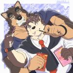  2boys absurdres animal_ears bara brown_fur collared_shirt couple dog_boy dog_ears dutch_angle eye_contact eyewear_on_head facial_hair feeding food food_in_mouth furry furry_male furry_with_furry goatee highres holding holding_food holding_pocky large_pectorals live_a_hero looking_at_another male_focus male_protagonist_(live_a_hero) mallards multiple_boys muscular muscular_male pectorals pocky pocky_day pocky_in_mouth pubraseer_(live_a_hero) shirt short_hair sunglasses thick_eyebrows two-tone_fur upper_body yaoi 