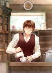  1boy barista black_vest book bookshelf brown_hair cabinet clock closed_eyes cup day facing_viewer highres indoors long_sleeves male_focus menu original pitcher_(container) pouring shirt short_hair solo takeda_mika teacup vest white_shirt window 