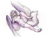  absurd_res anthro blonde_hair breasts canid canine clothing f-r95 feathered_wings feathers female fur genitals hair hi_res legwear looking_at_viewer mammal nipples pussy simple_background solo stockings white_body white_fur wings 