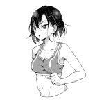  1girl bare_shoulders breasts cleavage collarbone commentary_request greyscale hair_between_eyes looking_to_the_side midriff mikazuki_shizuka monochrome navel open_mouth photoshop_(medium) short_hair simple_background solo sweat tank_top upper_body user_rgzj5554 white_background zom_100:_zombie_ni_naru_made_ni_shitai_100_no_koto 