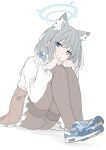  1girl animal_ear_fluff animal_ears black_pantyhose blue_archive blue_eyes blue_footwear blue_halo blush breasts cross_hair_ornament grey_hair hair_ornament halo highres looking_at_viewer masabodo medium_breasts nike pantyhose shiroko_(blue_archive) shoes simple_background sitting smile sneakers solo underwear white_background 