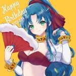  1girl blue_hair blush braid breasts collarbone dated eyelashes gold_bracelet gold_necklace green_eyes hand_fan happy_birthday holding holding_fan jewelry kashima_miyako large_breasts long_hair looking_at_viewer madou_monogatari necklace ponytail puyopuyo red_shirt rulue_(puyopuyo) shirt solo upper_body very_long_hair white_sleeves yellow_background 