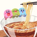  :o ^_^ blue_eyes blush blush_stickers bowl chopsticks closed_eyes commentary_request drooling food indoors jaw_drop kirby kirby_(series) miclot multiple_persona no_humans noodles open_mouth smile soumen table v-shaped_eyebrows 