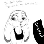  2023 anthro buckteeth censor_bar dialogue disney ears_down english_text female greyscale judy_hopps lagomorph leporid looking_away mammal monochrome open_mouth pivoted_ears rabbit simple_background smeet_(artist) solo teeth text tongue white_background zootopia 