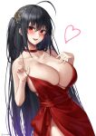  1girl :d ahoge azur_lane bare_shoulders blush bottle breasts choker collarbone dress evening_gown hair_ornament heart highres large_breasts long_hair one_side_up open_mouth red_choker red_dress side_slit simple_background smile solo spaghetti_strap strap_pull taihou_(azur_lane) taihou_(forbidden_feast)_(azur_lane) very_long_hair white_background yorugami_rei 