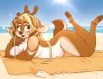  anthro antlers beach beach_towel big_breasts black_lips black_lipstick breasts cloven_hooves deer female freckles green_eyes hi_res hooves horn lips lipstick lying madokamagayka makeup mammal on_front outside sea seaside sky slightly_chubby smile solo sun thick_thighs towel water 