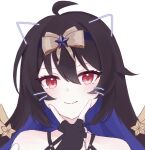  1girl ahoge black_gloves black_hair closed_mouth fingerless_gloves gloves highres honkai_(series) honkai_impact_3rd long_hair looking_at_viewer official_alternate_costume red_eyes seele_(alter_ego) seele_vollerei seele_vollerei_(starchasm_nyx) smile solo tdatnst upper_body 
