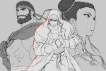  beard beard_stubble capcom chun-li double_bun facial_hair hair_bun headband hood hoodie ken_masters monochrome ryu_(street_fighter) simple_background street_fighter 