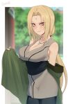  1girl blonde_hair breasts cleavage darahan facial_mark forehead_mark japanese_clothes jewelry kimono large_breasts long_hair looking_at_viewer mature_female naruto_(series) necklace orange_eyes ponytail smile solo standing tsunade_(naruto) 