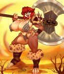  3_fingers absurd_res anthro armor axe big_breasts bikini_armor breasts brown_body brown_fur cleavage clothed clothing female fingers fur hair hi_res holding_axe looking_at_viewer ooo-belise-ooo red_hair short_hair shoulder_pads solo species_request unconvincing_armor watermark 