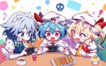 ! 3girls ascot black_tea blonde_hair blue_eyes blue_hair blue_vest blush braid checkerboard_cookie collared_shirt cookie crystal cup drink drinking_glass eighth_note flandre_scarlet food frilled_shirt_collar frills grey_hair handheld_game_console hat hat_ribbon highres holding holding_handheld_game_console izayoi_sakuya long_hair maid maid_headdress mob_cap multiple_girls musical_note nintendo_switch one_side_up open_mouth pudding puffy_short_sleeves puffy_sleeves red_eyes red_ribbon red_vest remilia_scarlet ribbon shirt short_hair short_sleeves siblings sisters skull tea touhou twin_braids vest white_headwear white_shirt wings wrist_cuffs yamanakaume yellow_ascot 