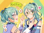  2girls aqua_hair bang_dream! blue_jacket bow braid glasses green_eyes hair_bow hair_ornament hair_ribbon hairclip hikawa_hina hikawa_sayo jacket long_hair looking_at_another looking_to_the_side multicolored_background multiple_girls multiple_hair_bows musical_note open_mouth polka_dot polka_dot_background ponytail purple_jacket ribbon siblings signature sisters smile sparkle twin_braids twins xin_(blueramen) 