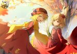  2girls absurdres aki_minoriko aki_shizuha autumn autumn_leaves blonde_hair buttons closed_mouth collared_shirt fruit_hat_ornament grape_hat_ornament hair_ornament hat hat_ornament highres leaf_hair_ornament long_sleeves maisuiren mob_cap multiple_girls open_mouth red_headwear red_shirt red_skirt shirt short_hair siblings sisters skirt smile touhou tree yellow_eyes yellow_shirt 