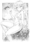  1girl arm_support bare_arms bare_shoulders beach bikini blush breasts closed_mouth cloud crab cumulonimbus_cloud feet_out_of_frame flipped_hair greyscale halterneck hand_up highres index_finger_raised looking_at_viewer mogudan monochrome mountainous_horizon navel one-punch_man outdoors outside_border palm_tree rock short_hair side-tie_bikini_bottom sitting small_breasts smile solo split_mouth stomach swimsuit tatsumaki telekinesis thighs tree 
