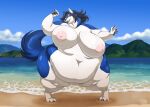 anthro beach big_breasts biglovealicia blue_body blue_hair breasts canid canine canis claws cloud day detailed_background digital_media_(artwork) digitigrade ears_up female hair hi_res huge_belly huge_breasts landscape looking_at_viewer mammal mountain multicolored_body neck_tuft nipples nude obese obese_female overweight overweight_female pink_nipples sea seaside solo tail tuft water white_body wolf yellow_eyes 