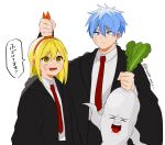  1boy 1girl artist_name black_robe blonde_hair blue_eyes blue_hair dated facial_mark food genjitsu_o_miro hair_between_eyes hairband holding holding_food holding_hairband lance_crown lemon_irvine long_hair looking_at_another mandragora mashle necktie open_clothes open_mouth open_robe orange_eyes planet_earrings red_hairband red_necktie robe short_hair speech_bubble teeth translation_request 