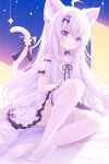  1girl ahoge animal_ears cat_ears cat_girl collar highres no_shoes original pajamas purple_eyes ribbon soles tail thighhighs toes white_hair white_thighhighs yottacc 