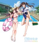  2girls barefoot bikini blue_eyes blue_neckerchief blue_one-piece_swimsuit blue_sailor_collar brown_hair building chain-link_fence cleaning_brush commentary_request competition_school_swimsuit covered_navel fence front-tie_bikini_top front-tie_top hat highleg highleg_swimsuit highres innertube long_hair multiple_girls neckerchief one-piece_swimsuit open_mouth original pink_bikini pool red_eyes sailor_collar sailor_shirt school_swimsuit school_uniform serafuku shirt side-tie_bikini_bottom soranokakera01 straw_hat striped striped_bikini sun_hat swimsuit swimsuit_under_clothes twintails white_shirt 