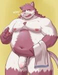  2023 anthro balls bawp belly big_belly blush bungo_(tamacolle) domestic_cat felid feline felis genitals hi_res humanoid_hands kemono male mammal moobs navel nipples overweight overweight_male penis pink_body solo tamacolle towel white_body 