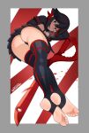  1girl arm_behind_head arm_up ass black_eyes black_gloves black_hair black_panties black_skirt blue_eyes breasts from_behind from_below full_body gloves highres kill_la_kill legs looking_at_viewer looking_back looking_down matoi_ryuuko miniskirt multicolored_hair no_shoes panties red_hair revealing_clothes rezodwel scissor_blade_(kill_la_kill) senketsu short_hair signature skirt solo stirrup_legwear thighs toeless_legwear two-tone_hair underboob underwear 