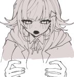  1girl :o blush breasts collared_shirt danganronpa_(series) danganronpa_2:_goodbye_despair flipped_hair greyscale hands_up hood hood_down hooded_jacket jacket large_breasts lower_teeth_only monochrome nanami_chiaki neck_ribbon open_clothes open_jacket ribbon ru-pe_(gstm_0915) shirt solo spaceship_hair_ornament teeth unfinished 